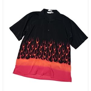 Vintage Y2K Red Flames Wrap-Around  Poker Camp Button Up Down Shirt Size L